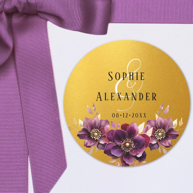 Elegante Blumennamen Datum Hochzeit Goldene Sticke Runder Aufkleber (Von Creator hochgeladen)