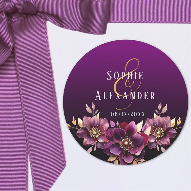 Elegante Blumennamen Datum Hochzeitsticker Runder Aufkleber (Elegant Floral Names Date Wedding Sticker)