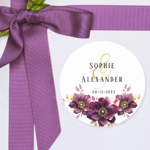 Elegante Blumennamen Datum Hochzeitsticker Runder Aufkleber