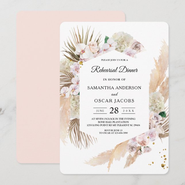 Elegante Blumenorchideen & Pampas Schönheitsrahmen Einladung (Vorne/Hinten)