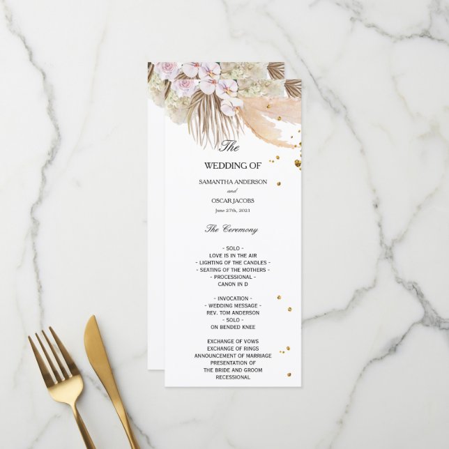 Elegante Blumenorchideen & Pampas Schönheitsrahmen Menükarte (Vorderseite/Rückseite Beispiel)