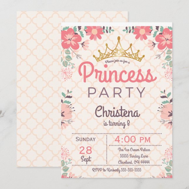 Elegante BlumenParty Einladung prinzessin-Birthday (Vorne/Hinten)