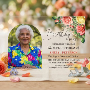 Elegante Blumenparty zum 90. Geburtstag mit Foto Acryleinladungen