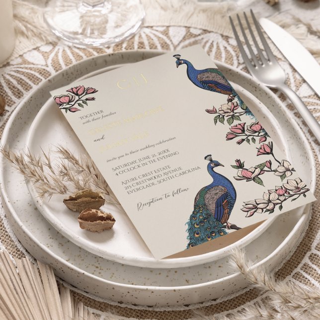 Elegante Blumenpfauenhochzeit Folieneinladung (Real Gold Foil Elegant Rustic Peacock on Magnolia Tree. Hand-Drawn Modern Chinoiserie Style in Ivory)