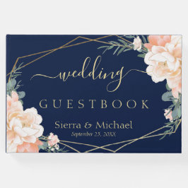 Elegante Blumenpfirsichcreme Gold Navy Blue Weddin Gästebuch