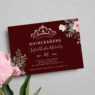 Elegante Blumenprinzessin Tiara burgundy Quinceane Einladung