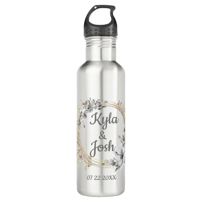 Elegante Blumenreath Personalisiert Hochzeit Edelstahlflasche (Vorderseite)