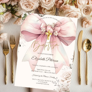Elegante Blumenschleife Gold Kreuz Rosen Creme Tau Einladung