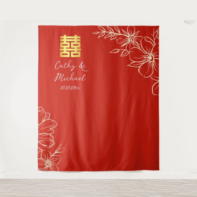 Elegante Blumenschrift Chinesische Hochzeitsstimmu Wandteppich (Vorderseite)