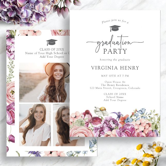 Elegante Blumenstudium Einladung (Elegant Floral Watercolor Graduation Party Invitation with Pictures by Painted Paperie
)
