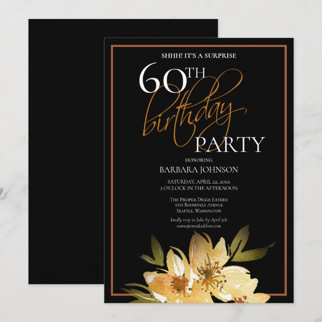Elegante Blumenüberraschung 60. Geburtstag Einladung (Vorne/Hinten)