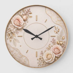Elegante Blumenwanduhr – Rosen in Rosa, Creme Große Wanduhr
