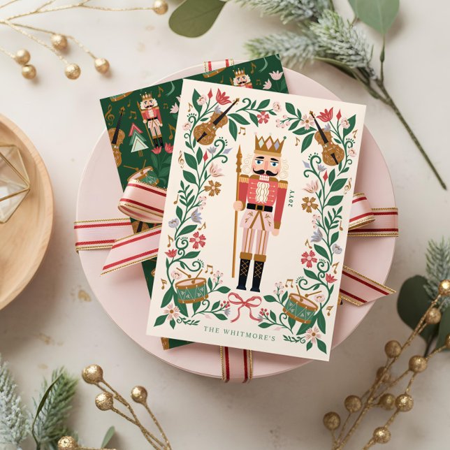 Elegante Blumenweihnachtskugel Feiertagskarte (Elegant Floral Christmas Nutcracker Ballet Musical Holiday Card)