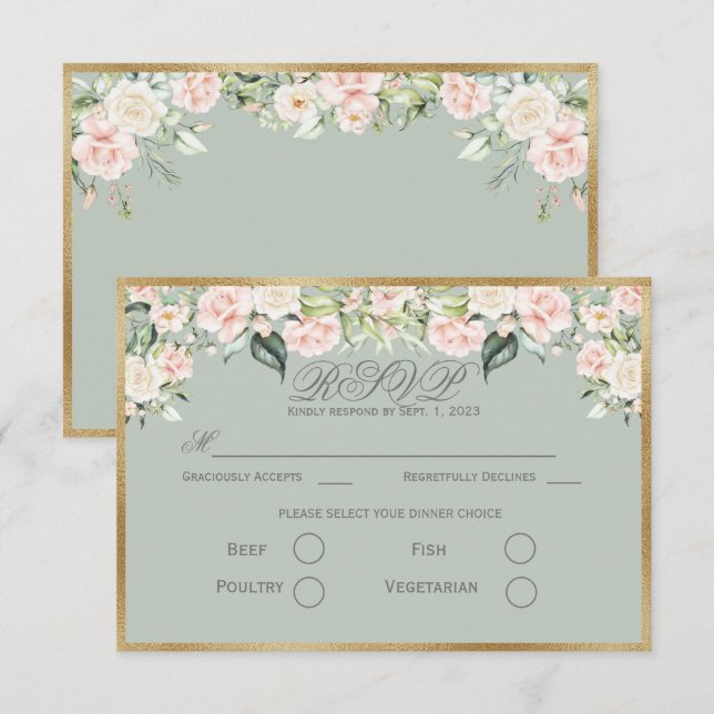 Elegante Blumenzage Green Gold Script Hochzeit RSV RSVP Karte (Vorne/Hinten)