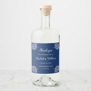 Elegante Blumenzange auf Blue Wedding Alkoholflaschenetikett