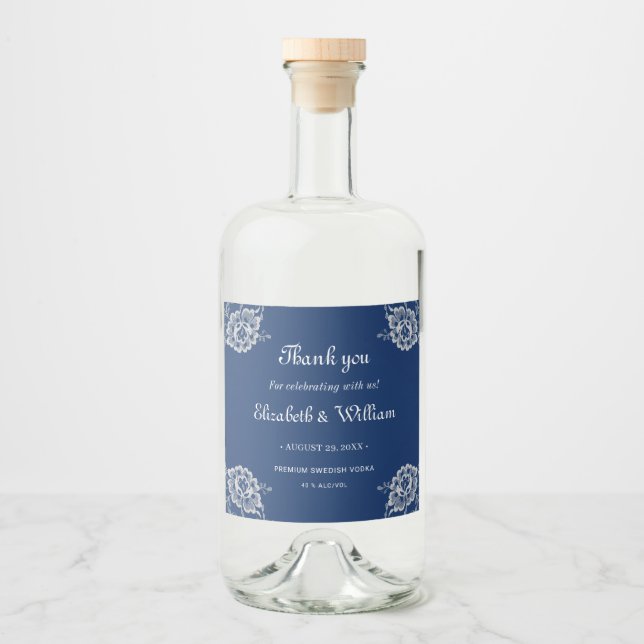 Elegante Blumenzange auf Blue Wedding Alkoholflaschenetikett (Vorderseite)