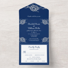 Elegante Blumenzange auf Blue Wedding All In One Einladung