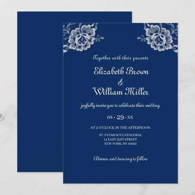 Elegante Blumenzange auf Blue Wedding Einladung (Vorne/Hinten)