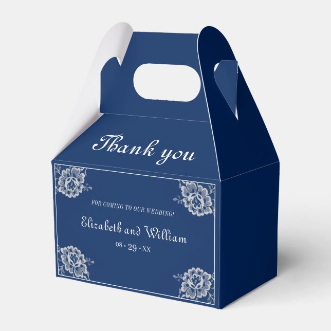 Elegante Blumenzange auf Blue Wedding Geschenkschachtel (Rückseite)