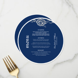 Elegante Blumenzange auf Blue Wedding Menükarte