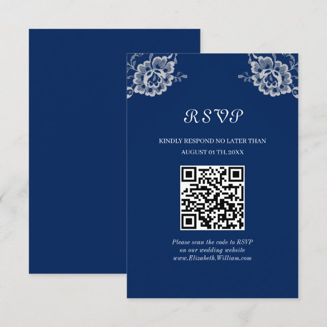 Elegante Blumenzange auf Blue Wedding RSVP Karte (Vorne/Hinten)