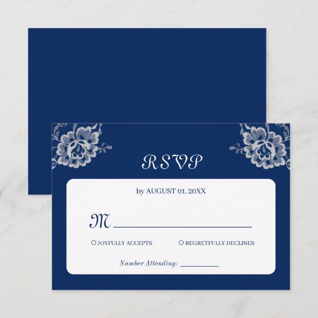 Elegante Blumenzange auf Blue Wedding RSVP Karte (Vorne/Hinten)