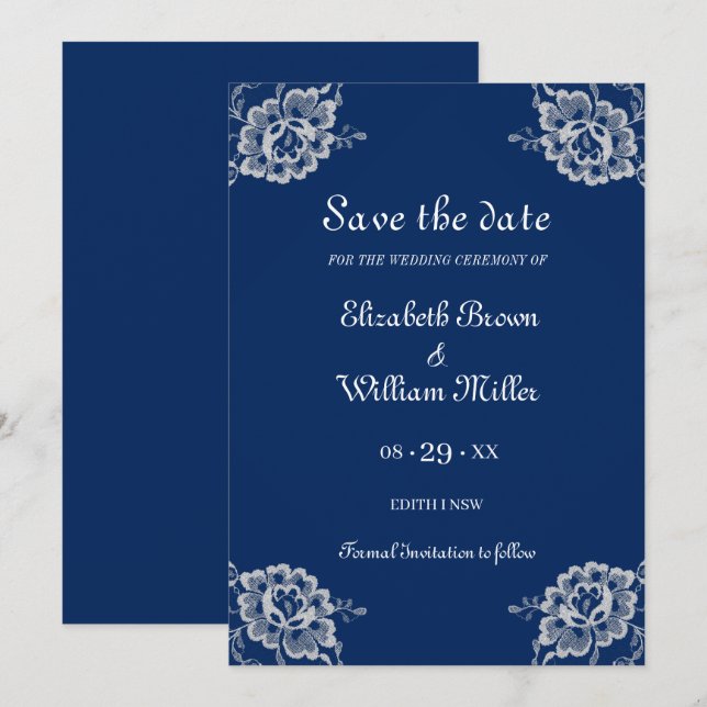 Elegante Blumenzange auf Blue Wedding Save The Date (Vorne/Hinten)