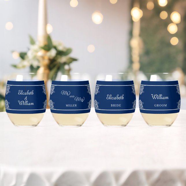 Elegante Blumenzange auf Blue Wedding Weinglas Ohne Stiel (Insitu (Hochzeit))