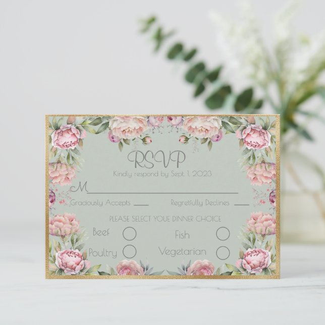Elegante Blumenzwiebeln Gold Script Wedding RSVP (Stehend Vorderseite)