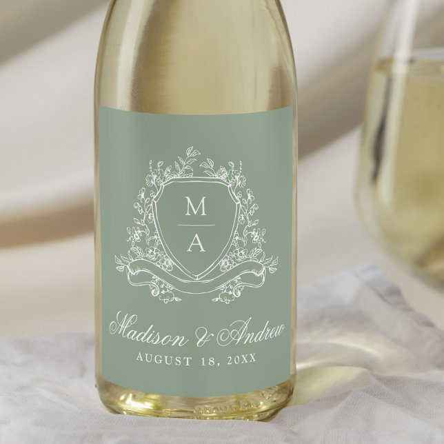 Elegante Blumenzwiebeln Monogram Sage Green Weddin Weinetikett (Von Creator hochgeladen)