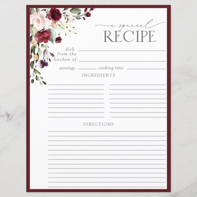 Elegante Blumenzwiebelseite Recipe Binder Page (Vorderseite)