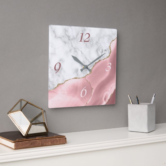 Elegante Blush Agate Gold Glitzer Marmor Quadratische Wanduhr (Büro)