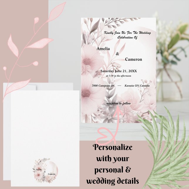 Elegante Blush & Beige Boho Blumenhochzeit Einladung (Set the tone for your romantic celebration with this Blush & Beige Wedding Invitation!)