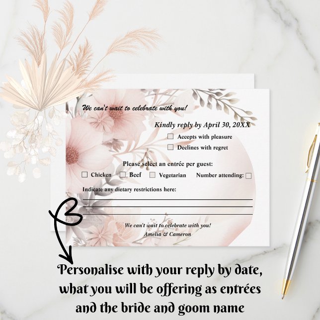Elegante Blush & Beige Boho Blumenhochzeit RSVP Karte (Set the tone for your romantic celebration with our elegant boho blush & beige wedding suite)
