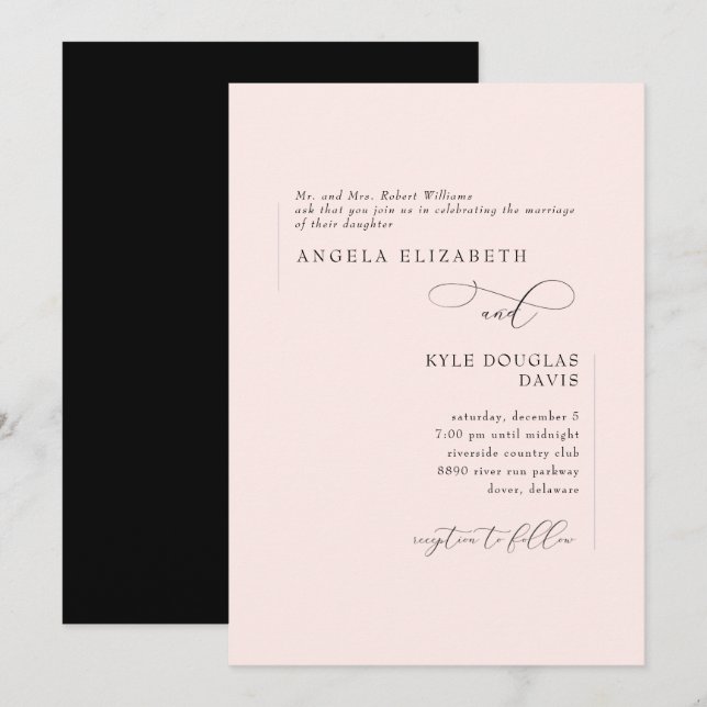 Elegante Blush & Black Bride Eltern Hochzeit Einladung (Vorne/Hinten)