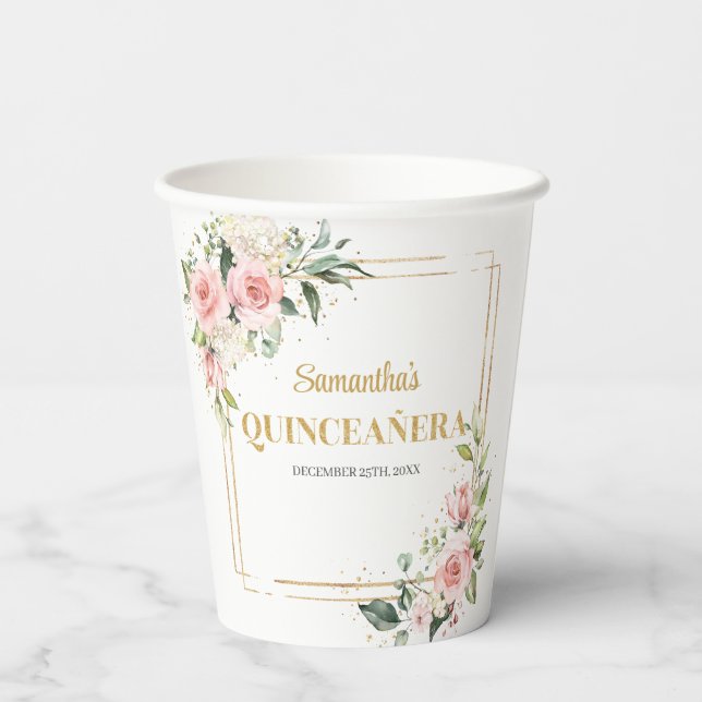 Elegante Blush Bloral Eukalyptus Gold Quinceanera Pappbecher (Rückseite)