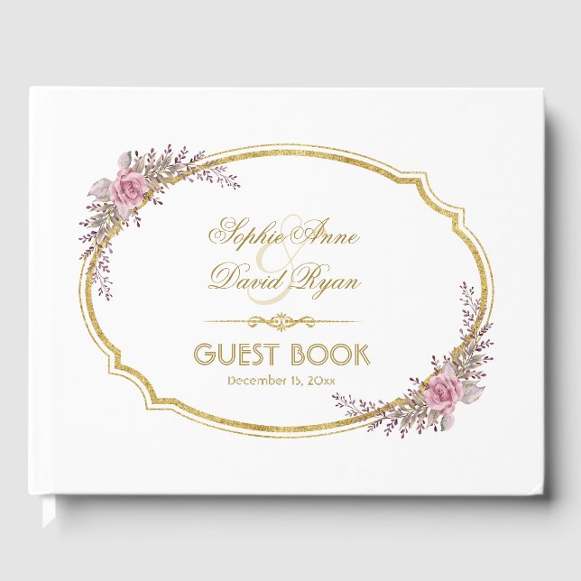 Elegante Blush Bloral Gold Frame Wedding Gästebuch (Vorderseite)