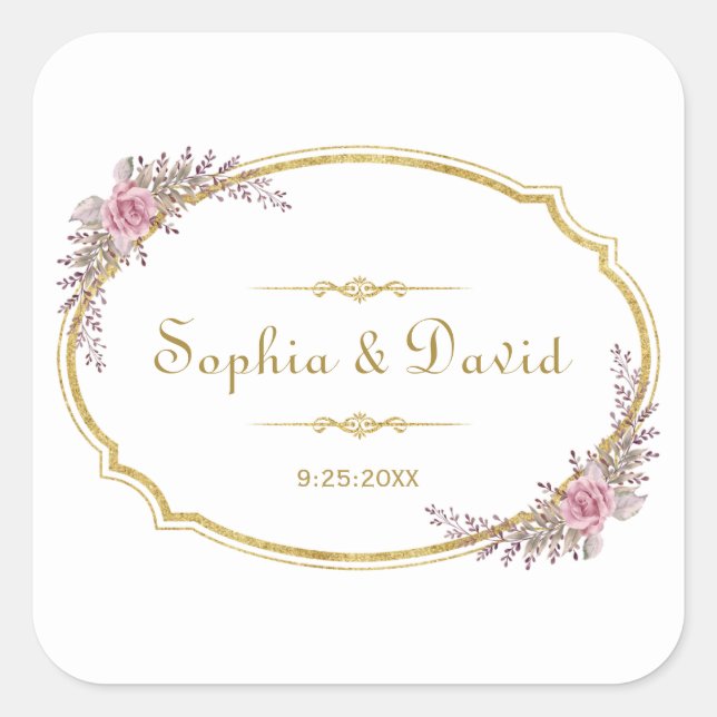 Elegante Blush Bloral Gold Frame Wedding Quadratischer Aufkleber (Vorderseite)