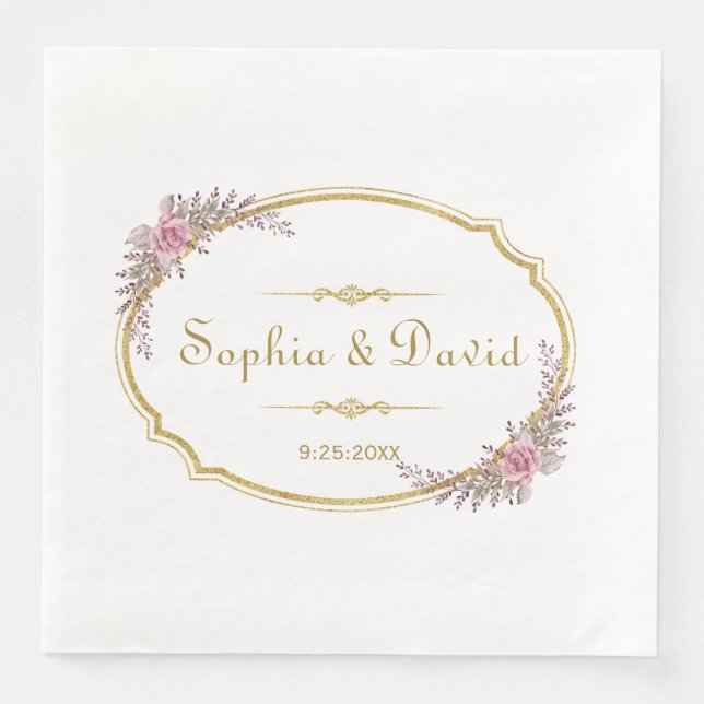Elegante Blush Bloral Gold Frame Wedding Serviette (Vorderseite)