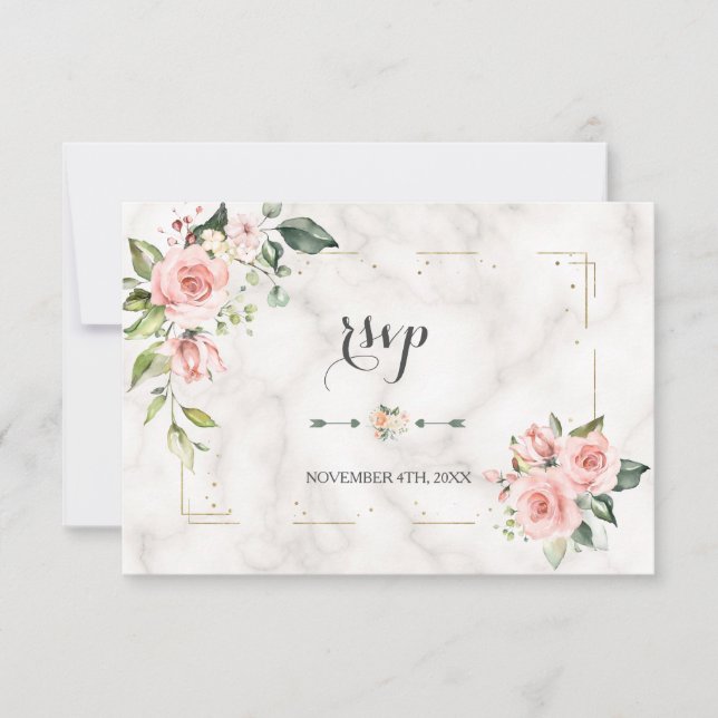 Elegante Blush Bloral Gold Glitzer Marmorhochzeit RSVP Karte (Vorderseite)