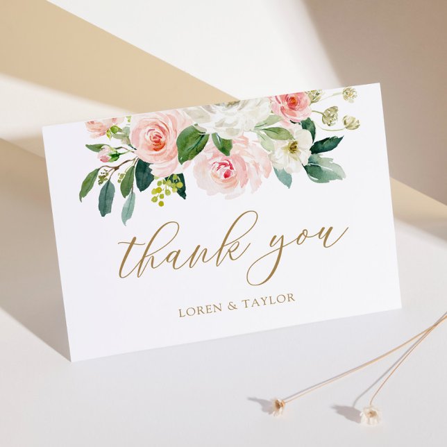 Elegante Blush Bloral Hochzeit geklappt Dankeskarte (Von Creator hochgeladen)