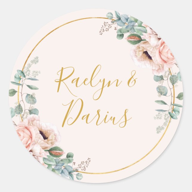 Elegante Blush Bloral Pastel Hochzeit Umschlag Auf Runder Aufkleber (Vorderseite)