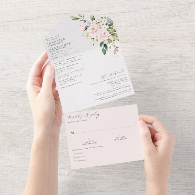 Elegante Blush-Blues-Hochzeit in einer Einladung (Abreißtisch)