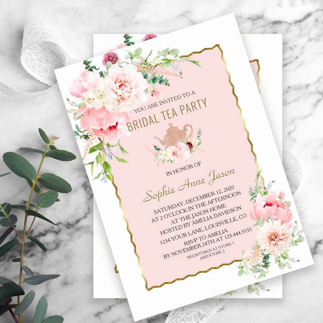Elegante Blush Blume Gold Frame Bridal Tea Party Einladung (elegant trendy gold pink flowers bridal tea party invitation)