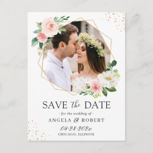 Elegante Blush-Blumen-Gold-Geometrie - Heiratsantr Postkarte