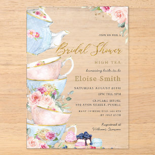 Elegante Blush-Blumen-High-Tea-Party-Brautdusche Acryleinladungen