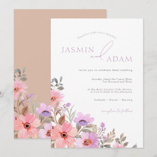 Elegante Blush-Blumen-Monogramm-Hochzeit Einladung