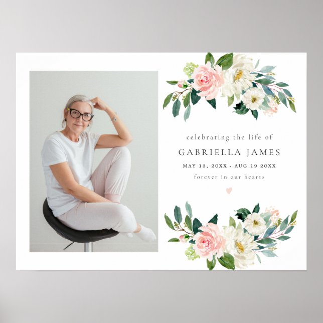 Elegante Blush Blumenfeier zum Leben Beerdigung Poster (Vorne)