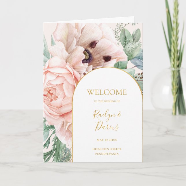 Elegante Blush Blumengarten Pastel Folded Wedding Programm (Vorderseite)