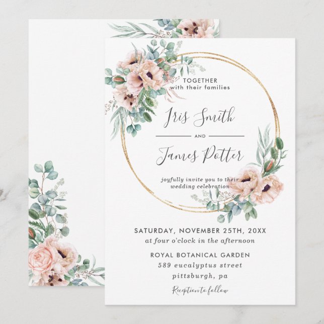 Elegante Blush Blumengrün Gold Rahmen Hochzeit Einladung (Vorne/Hinten)